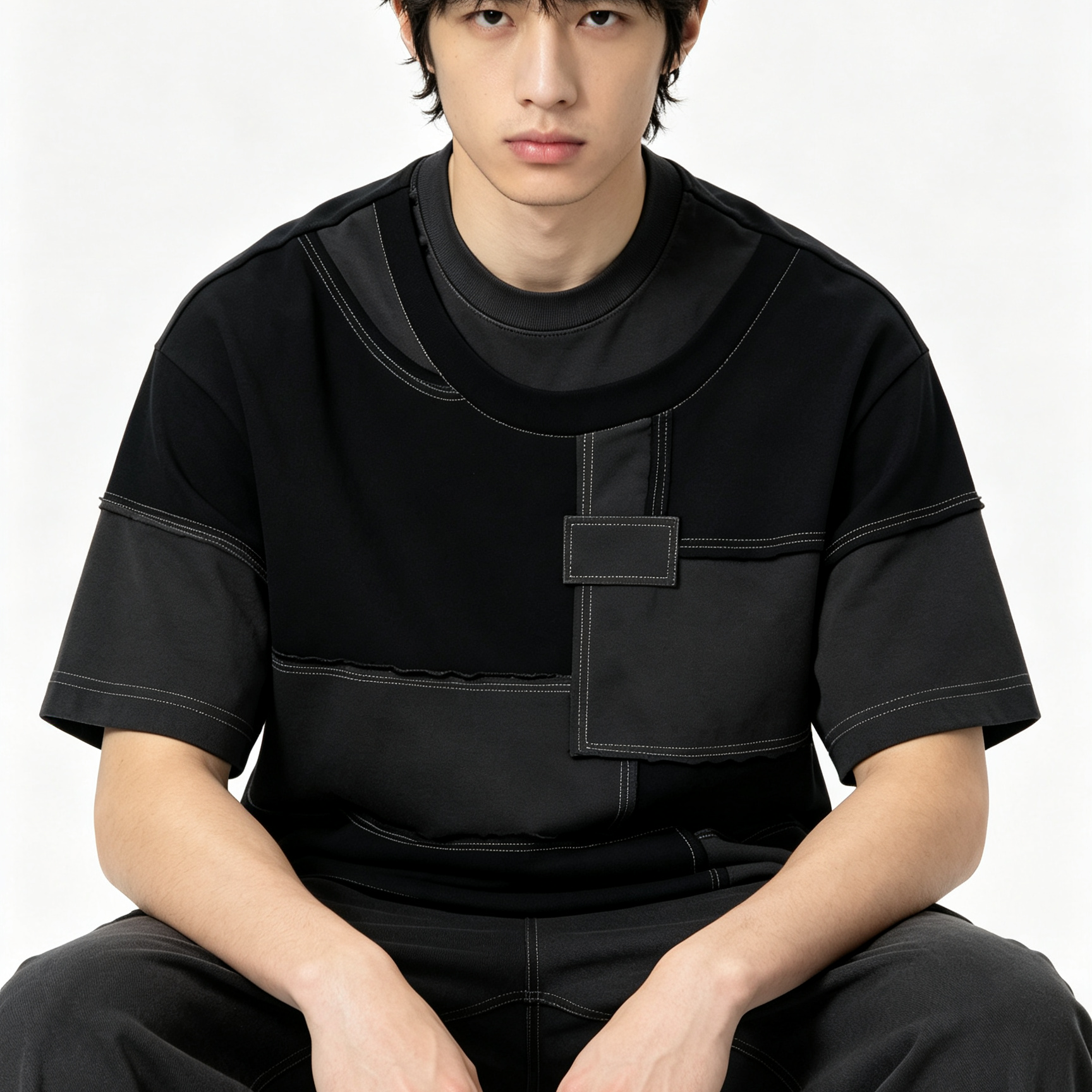 250GSM - 300GSM Basic Crew Neck Tee Patchwork Raw Edge T Shirt Drop Shoulder