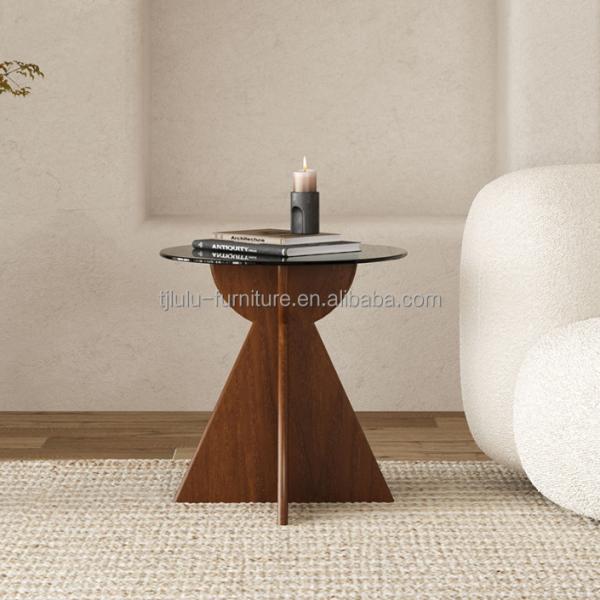 Solid Wood Round Side Glass Top Table Coffee Table For Living Room Design General Home Furniture Lacquered Finish