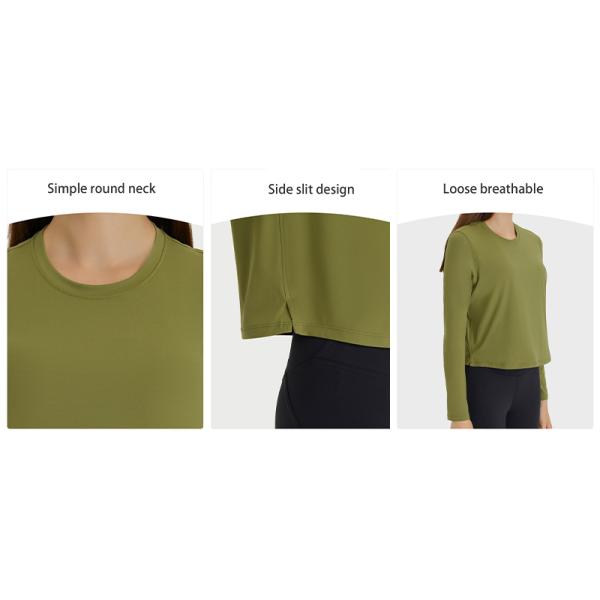 Round Neck Casual Yoga Tops Solid Tees Womens Long Sleeve Cropped T - Shirts
