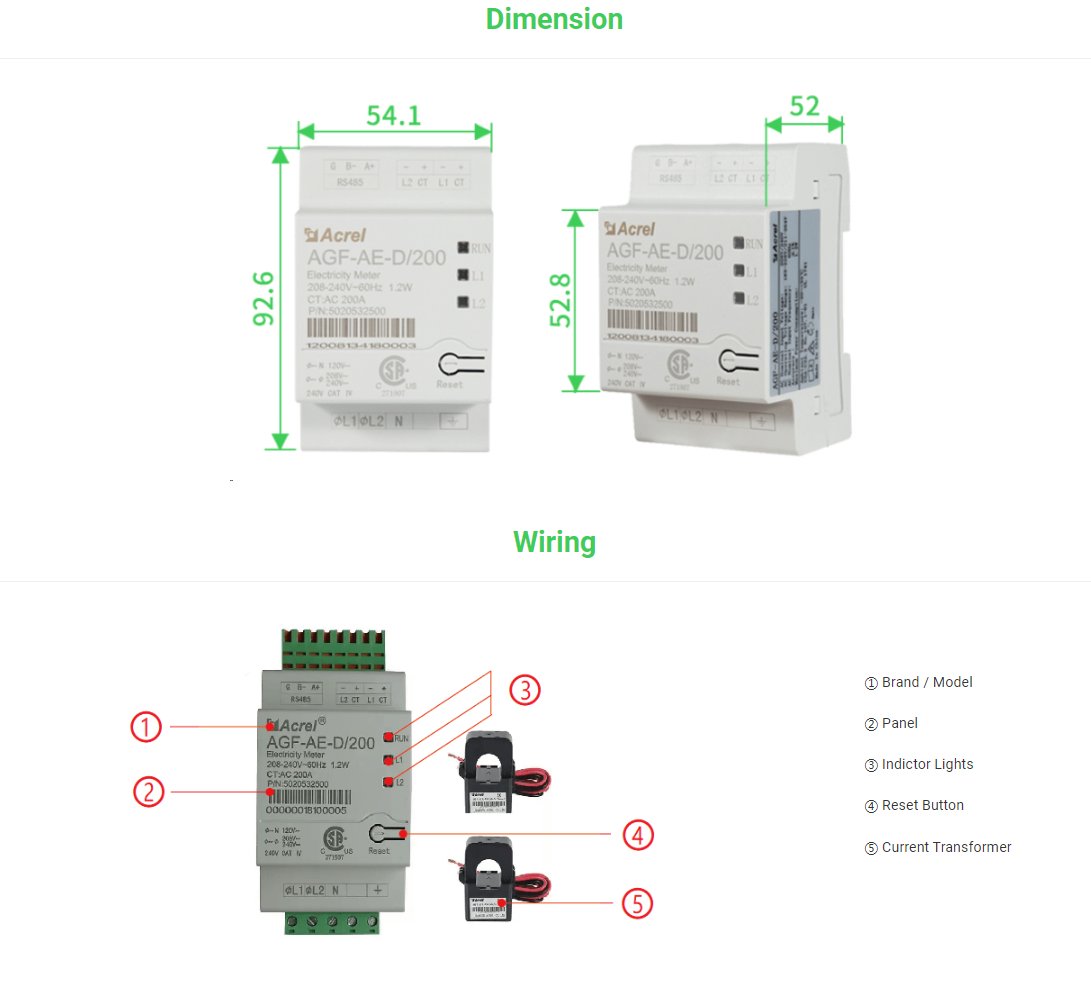 Acrel AGF-AE-D/200 ANSI/NFPA 70 метод проводки для новой энергии, подключенный непосредственно к рельсу инвертора с RS485