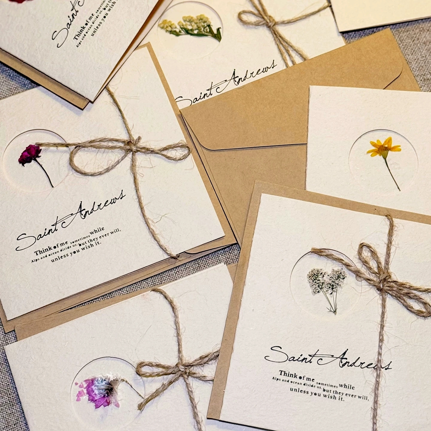 Handmade Dried Flower Greeting Cards With Jute Twine Bow For Wedding Invitations