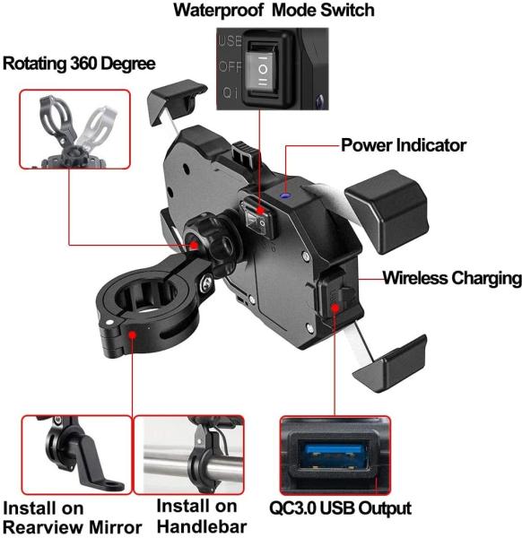 Motorcycle 360 rotation Qi 1.5A 15W Wireless Phone Charger