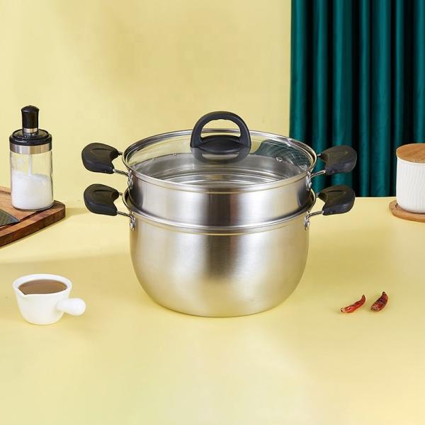 Factory Wholesale Two Layers Stainless Steel Saucepot Food Steamer Pots Circle Soup Pot With Glass Lid