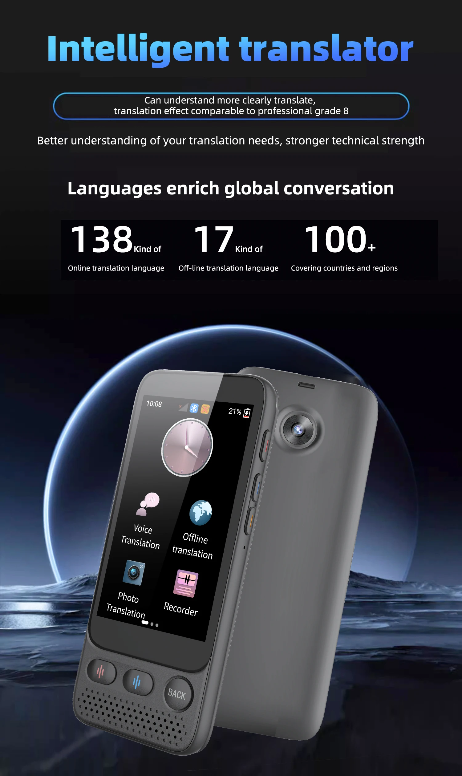 Portable S09 voice Instant Voice translator AI intelligent 138 online 19 offline