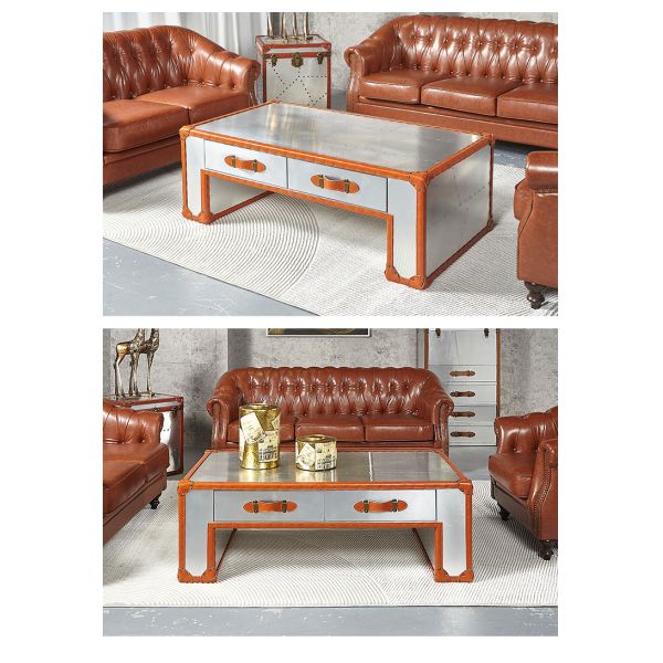 Nidea #320 Retro Leather-Trimmed Aluminum Suitcase Cabinet Customizable Multifunctional Coffee Table with 2 Drawers Industrial Decor