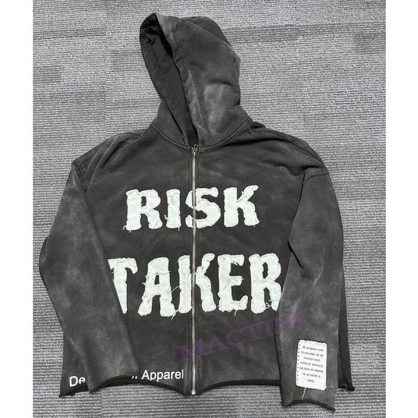 Custom Distressed Patch Embroidery Vintage Applique Men's Cropped Stone Acid Washed Hoodie