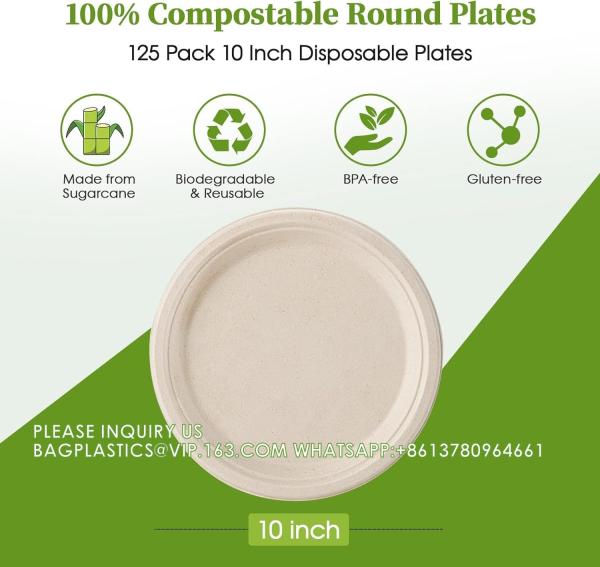 100% Compostable 10 Inch Paper Plates, Heavy Duty Paper Plates, Disposable Biodegradable Eco-Friendly Sugarcane