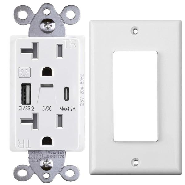 Warm White Night Light USB Outlet 20A 125V 60Hz 5V 4.2A Outlet With Night Light And USB