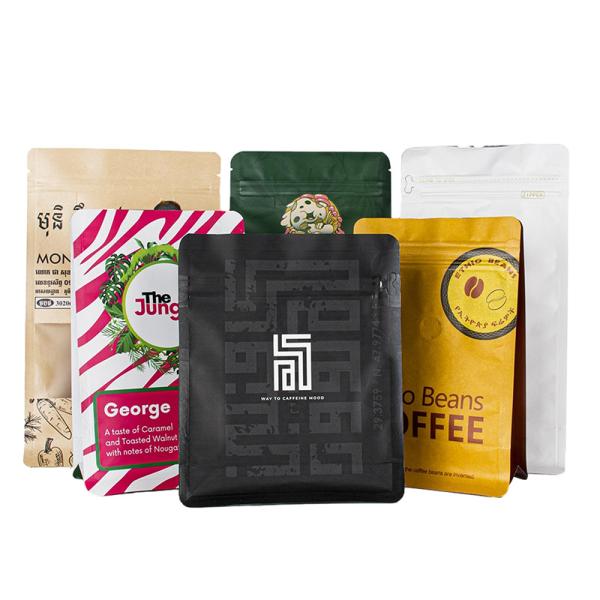 Custom Zipper Kraft Paper Laminated Film Coffee Bag Zip Square Bottom Bag For Coffee Bean