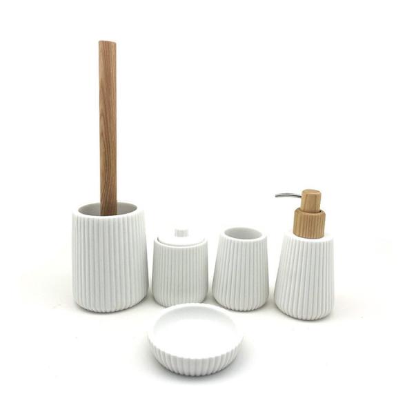 White Sand Polyresin Clear Bathroom Accessories With Vertical Stripe Wood Parts
