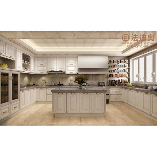 Modern White Stainless Steel Kitchen Cabinet With Profile Door Panel And Gold Handles