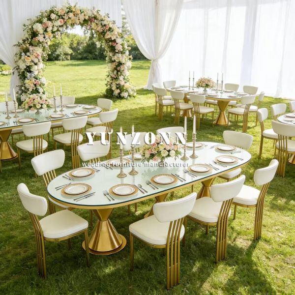 Luxurious New Arrival Modern Gold Stainless Steel Legs Oval Outdoor Dining Wedding Table with Tempered Glass Top Hotel Furniture