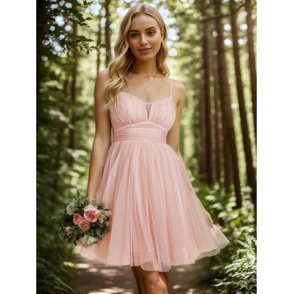 Unique Spaghetti Strap A-line Short Mini Pink Chiffon Graduation Dress