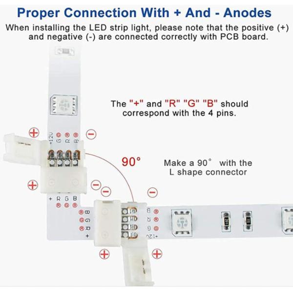 L-Shaped Corner Led Strip Connector Solderless 5050 Rgb Ip20 4 Pin