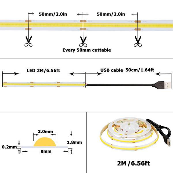 DC 24V impermeável 5V 8mm 320leds 1cm One Cut 4000K Natural flexível COB LED Strip Light