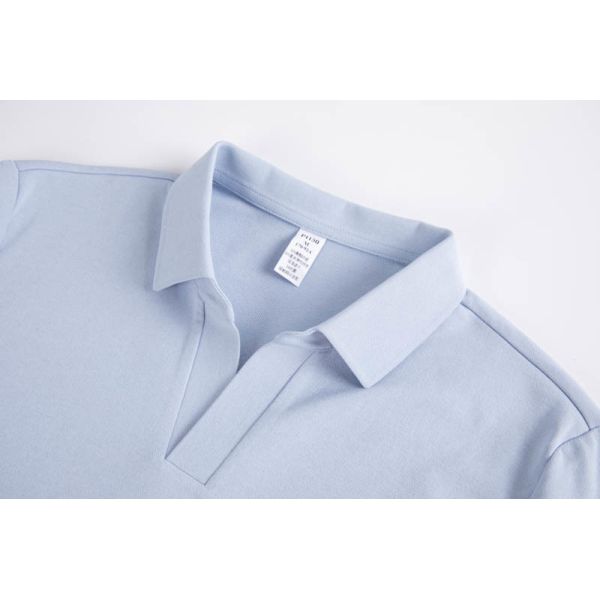 Women's Light Blue Long Sleeve Polo Top with Breathable Piqué Knit and V-Neck Placket