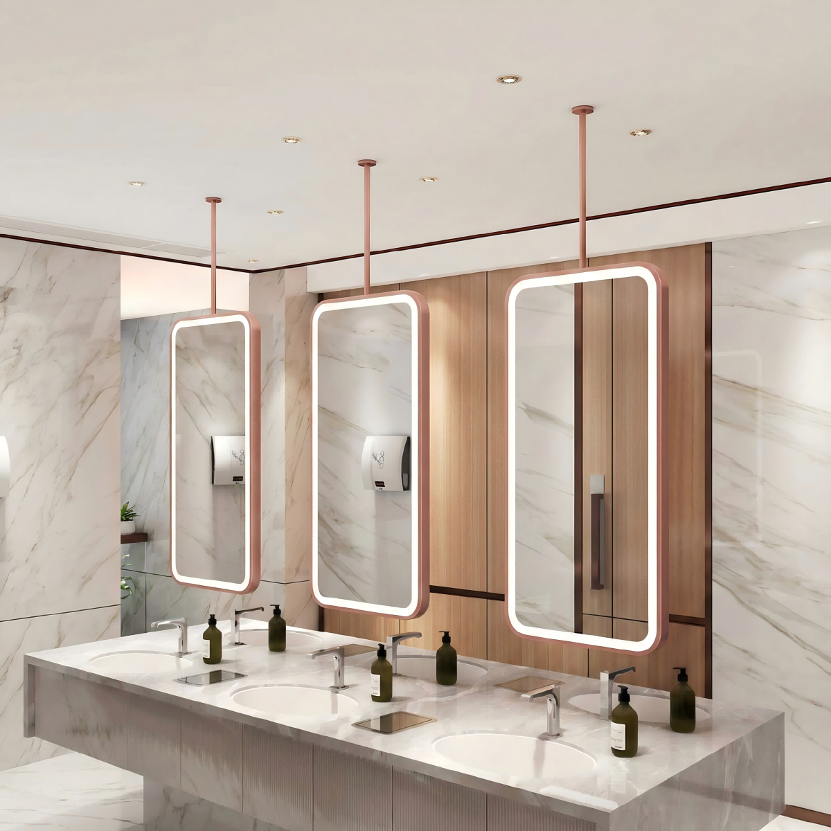 Kingstin Suspended Ceiling LED Mirror for Bathroom Island | Smart Touch Dimmable & Anti-Fog | Custom Height Rod Hotel Projects.
