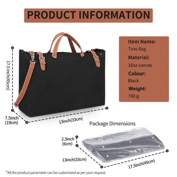 Nylon Canvas Reusable Shopping Bag Totes Leather Belt Buckle Shoulder 44x13x38cm