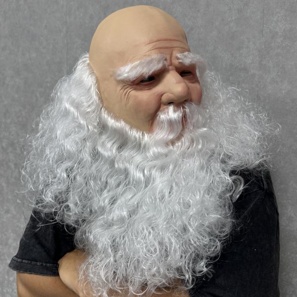 Realistic Santa Claus Mask Bald Old Man Latex Headgear with Long White Beard Christmas Cosplay Costume Prop