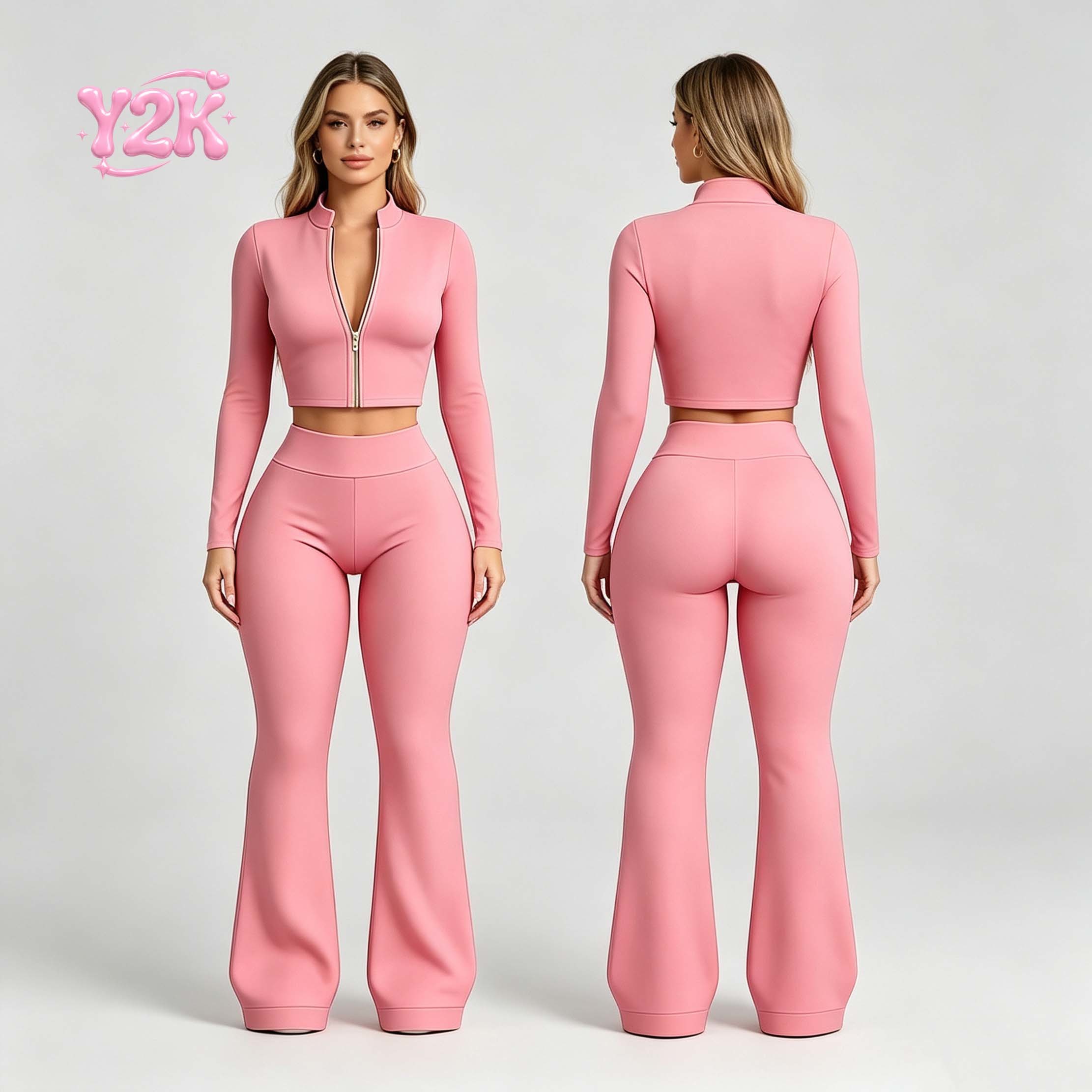 Custom Women Yoga Set Zip Front Crop Jacket Flared Pants High Waist Yoga Leggings Fitness Gym Wear Sports Yoga Outfit Stretch Activewear OEM ODM Factory