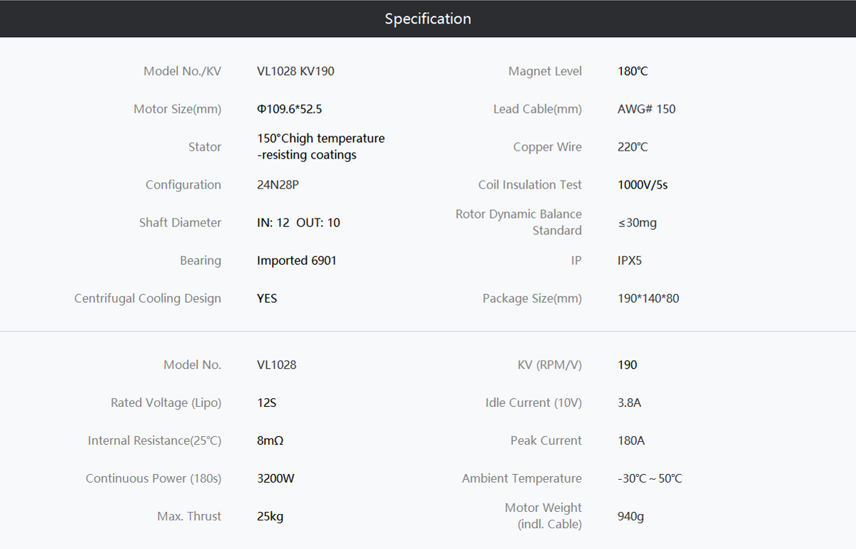 Vl1028 T-Motor Custom 3200w Brushless Industrial Drone For Vtol Fixed-Wing Uav Bldc Rc Parts