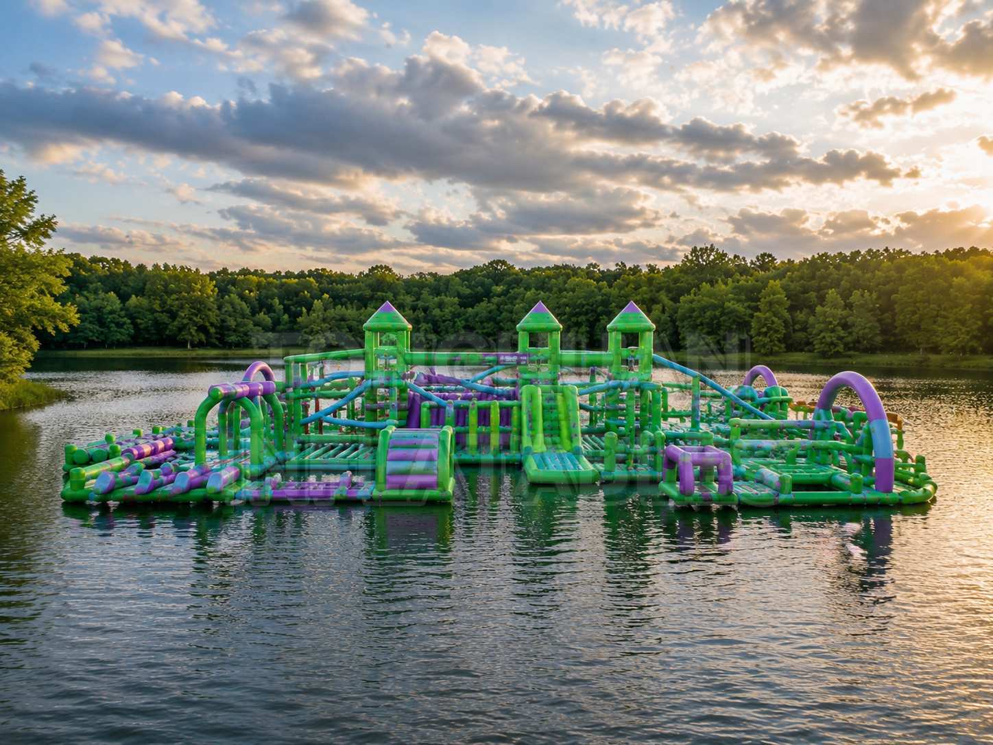 Custom Large Floating Inflatable Water Park with Multi Lane Slides Towers Obstacles and Aqua Playground Modules for Resorts Lakes Camps and Rental Operations