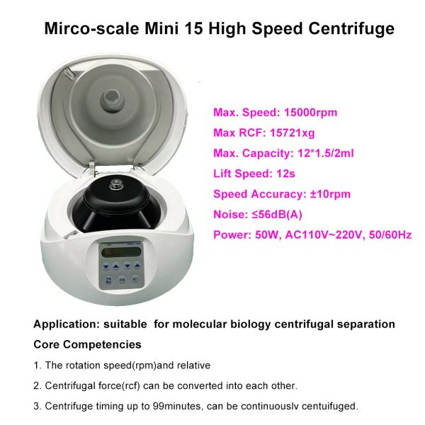 Mini15 Laboratory Benchtop Mini Centrifuge with 15,000 RPM Brushless Motor and Nano Ceramic Coated Chamber