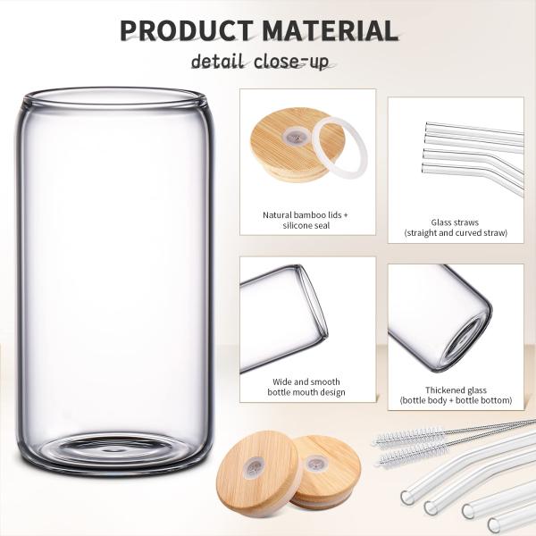 High Borosilicate Glass Mason Jar with Bamboo Lid and Straw 16oz Clear Glass Cups