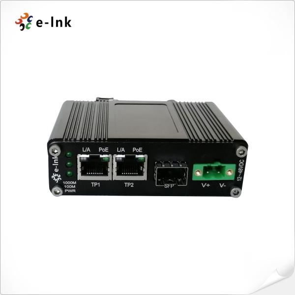 Mini Industrial 1-Port 100/1000X SFP to 2-Port 10/100/1000T 30W PoE+ Media Converter