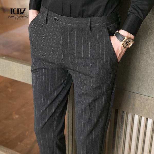 Autumn Formal Pants for Men Thick Stripes and Mid Waist Design Plus Size Trousers