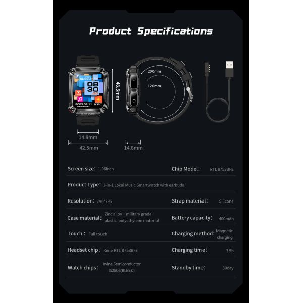 Newly Sport TWS Smartwatch 3in1 Music Player 4GB Memory 400Mah Call Men Watch With Headphones T93 Smart Earphones