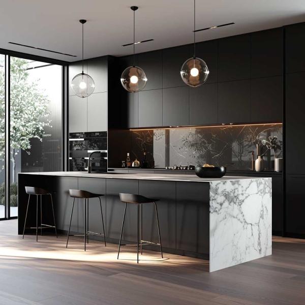 Modern Minimalistic Stainless Carcase Kitchen Cupboard Island Unit Set Melamine Black Cabinets for Villa Apartments
