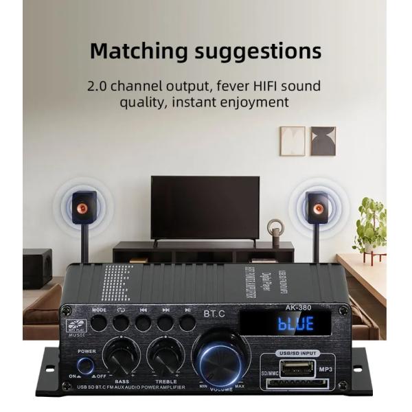 AK-380 2.0 Channel Bluetooth v5.0 Audio Amplifier with 100-300W Output Power for Home Theater