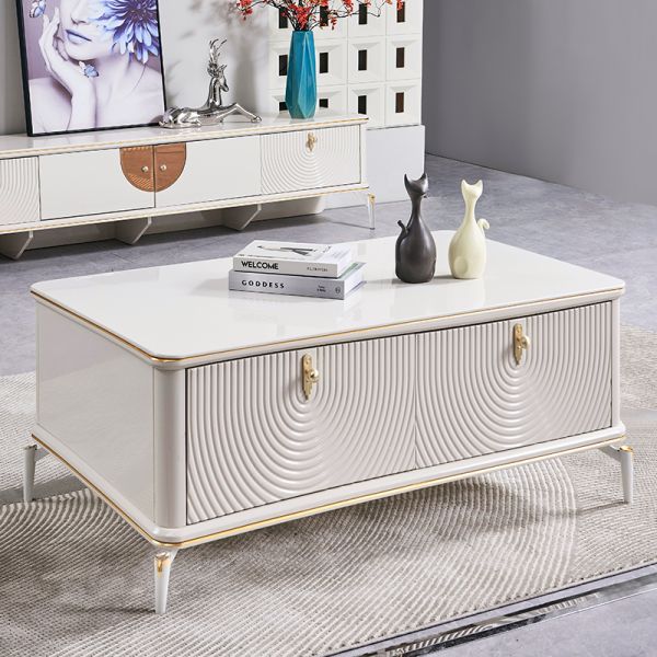 White Modern Simple TV Stand and Coffee Table Set Home Storage Large Square Wooden Luxury Living Room Center Coffee Table