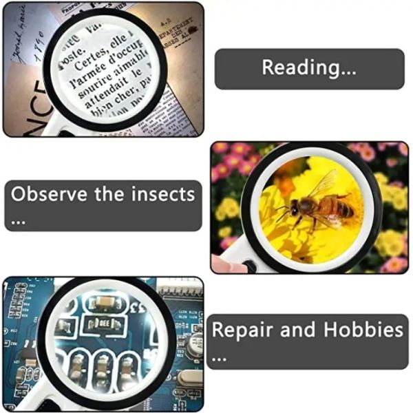 Portable Simple12 LED Light Lamp 30X Handheld Large Brass Magnifier Lens Magnifying Glass with Stand for Inspection