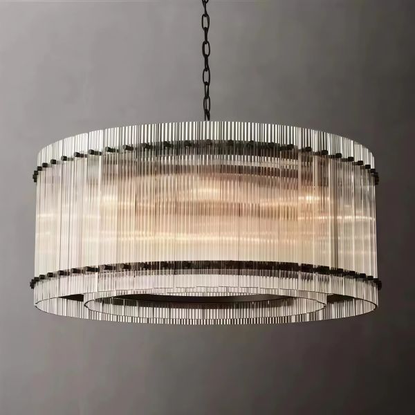 JYLIGHTING Modern Contemporary Drum Iron Pendant Chandelier, Vertical Slatted Iron Shade Suspension Light for Kitchen Island & Lobby