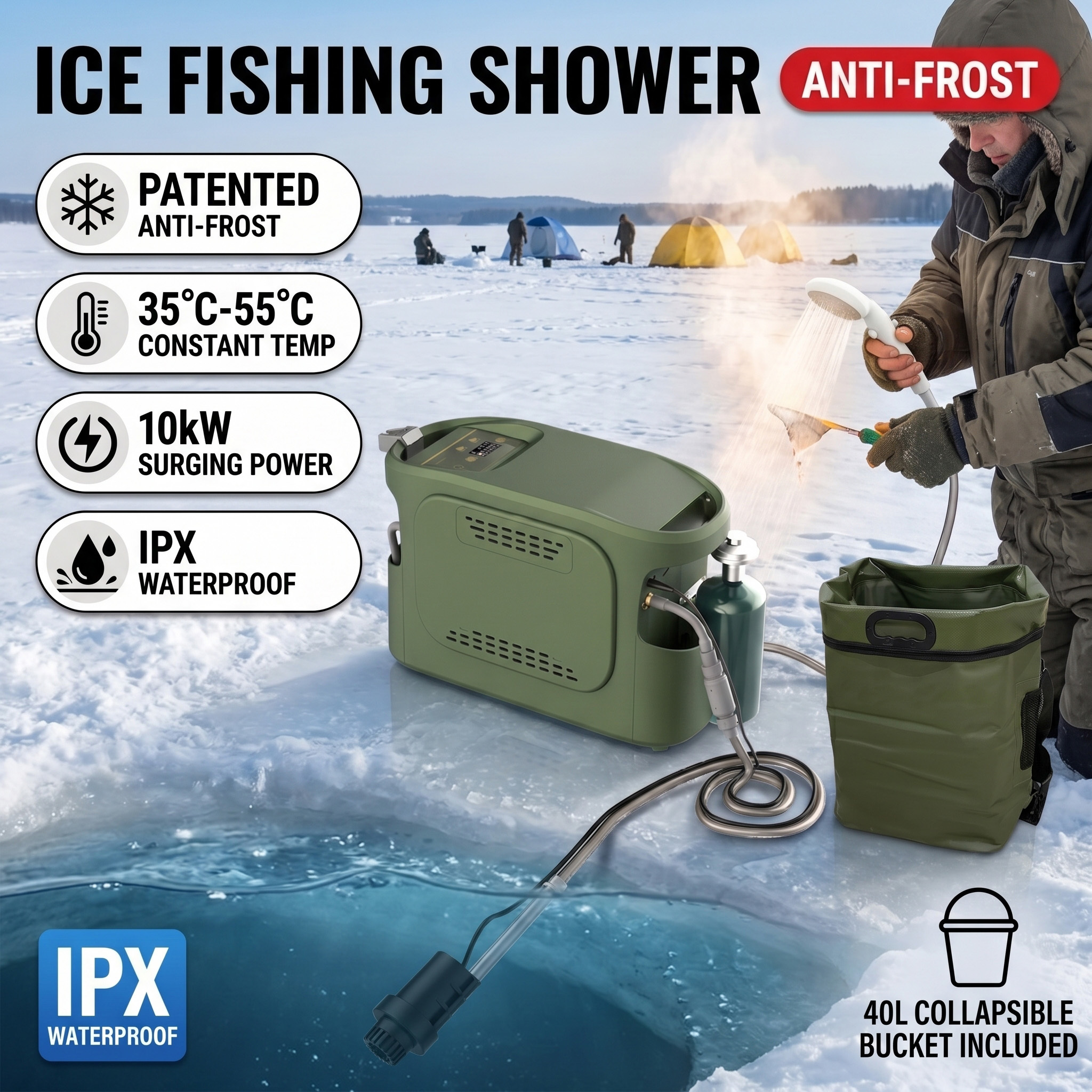 Ice Hole Fishing Sub-Zero Hot Shower 10kW Anti-Frost Propane Heater
