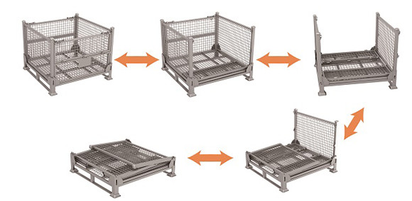 Caja de paletas de metal soldado con lados de malla y base de chapa de acero