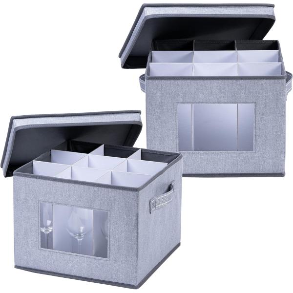 VENO 2 Pack Wine Glass Storage Box with Lid and Handles, Glasswares, China Organizer, Great for Moving, Transport.