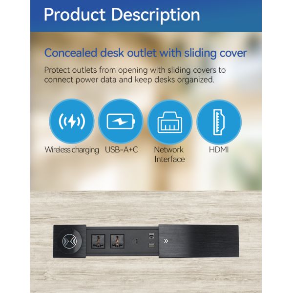 Sliding Desktop Conference Table Electrical Sockets 15W Qi UKCA Certificated