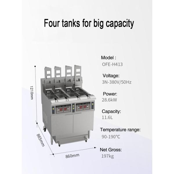 OFE-H413 Auto Lift 4 Pots 4 Baskets Digital Computer Panel With Oil Filter System 28kw Electric&Gas Open Deep Fryer