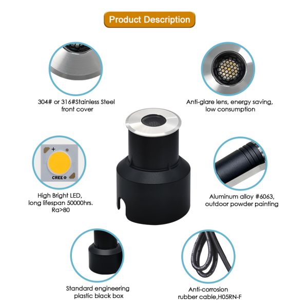 Underground Up Light IP67 3W CREE LED Anti Glare Design DIA45MM Aluminium Housing For Roads