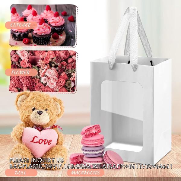 Paper Gift Bags With Clear Window Flower Bouquet Bags for Present Bridal Shower Festivals Party (White)