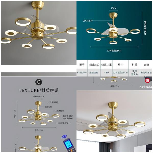 wholesale    Low Noise Crystal Ceiling Fan Light , Copper Ceiling Fan With Light And Remote