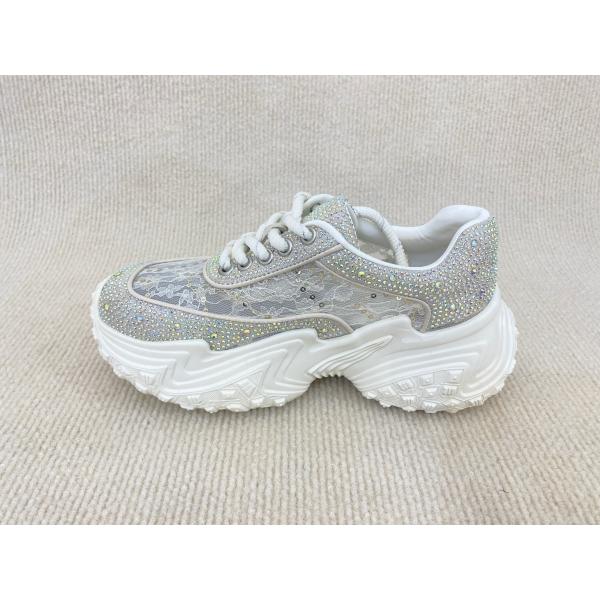Women white leather sneakers with bling crystal and breathable lace mesh heightening