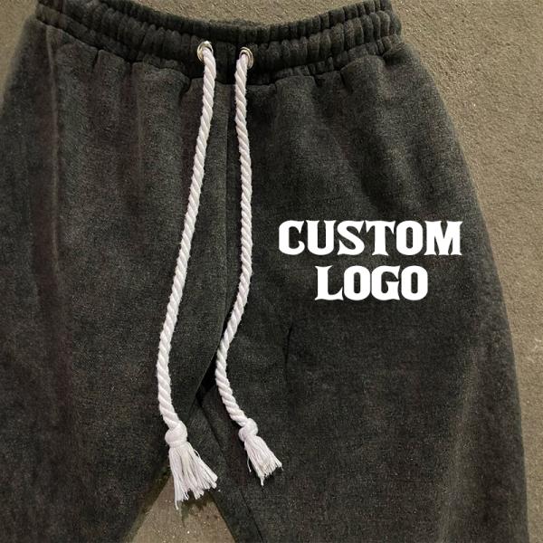 Pantalones de algodón personalizados de peso pesado con rayas para hombres largas piernas lavado con ácido, bordado con aplicación, parches de bordado, pantalones de sudor con rayas