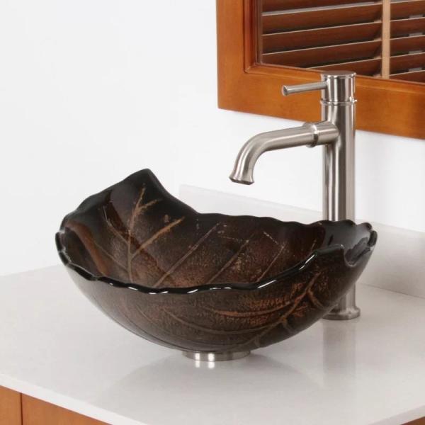 180mm Leaf Shaped Countertop Wash Basin 12mm Thick Brown Hot Melted And Hand Drawing