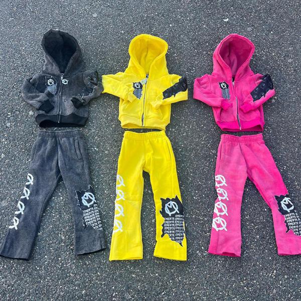 Fabricantes personalizados Vintage Acid Wash Trajes de peso pesado con cremallera con capucha recortada Pantalones con capucha y pantalones de sudor