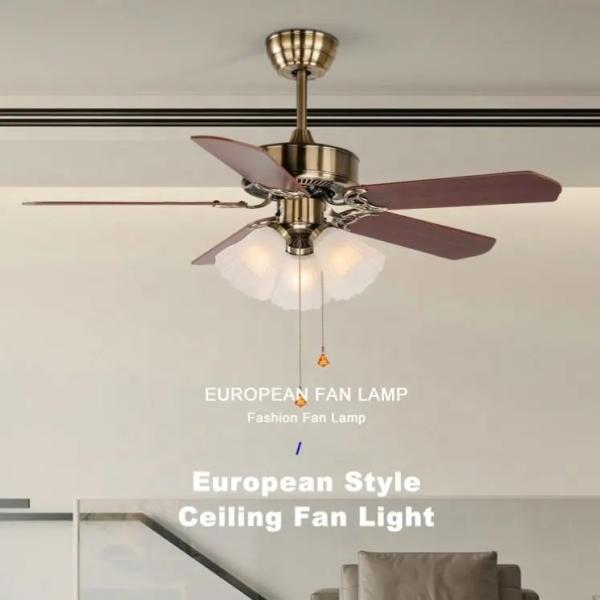 Fabricante Ac Dc Clásico estilo americano 42/52 pulgadas tira cadena de madera control remoto de cobre lámpara de antorcha ventilador de techo con luz