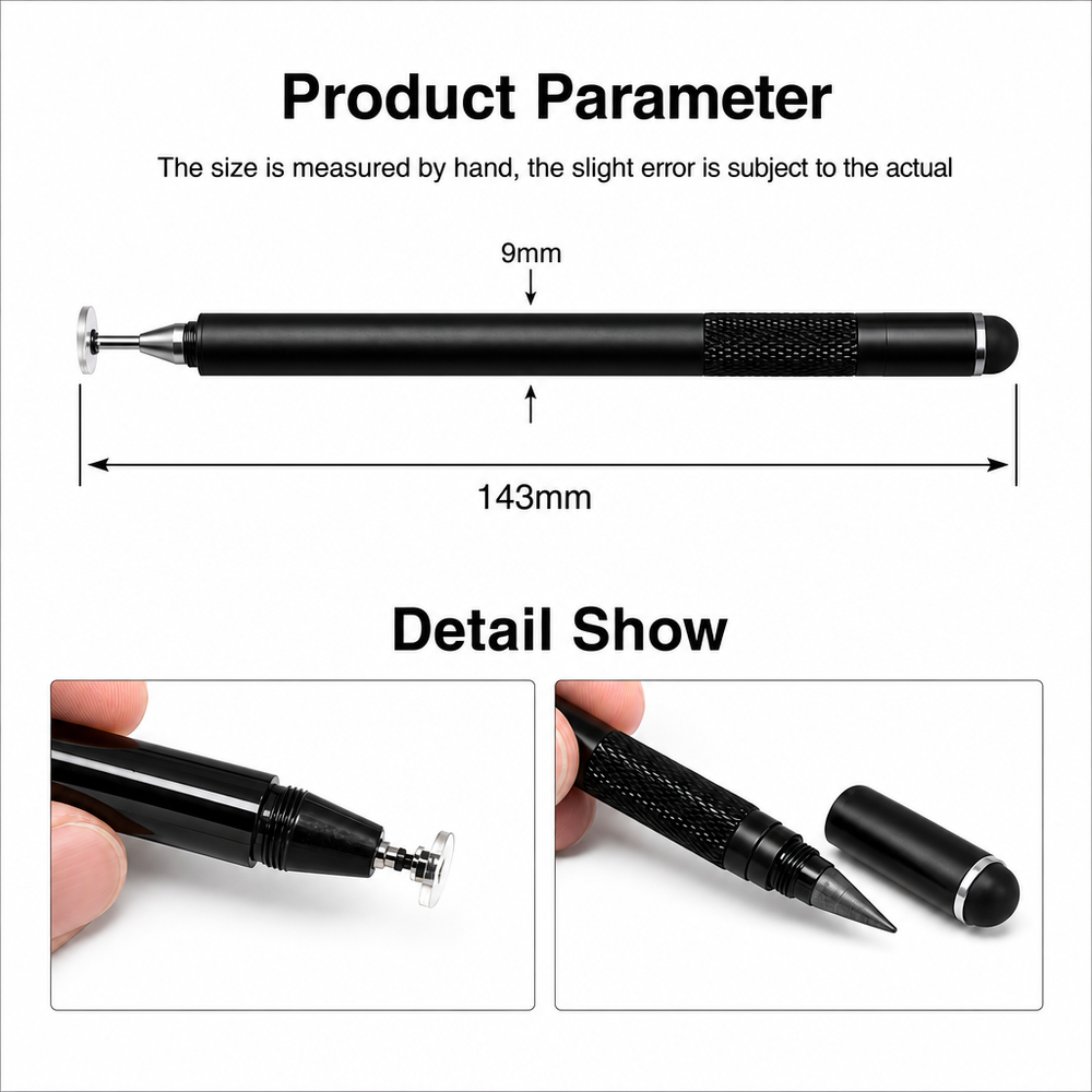 2 in 1 Dual Head Stylus Pen Disc and Pencil Tips, Universal Capacitive Stylus for Tablets Touch Screen Phones, Matte Black Body
